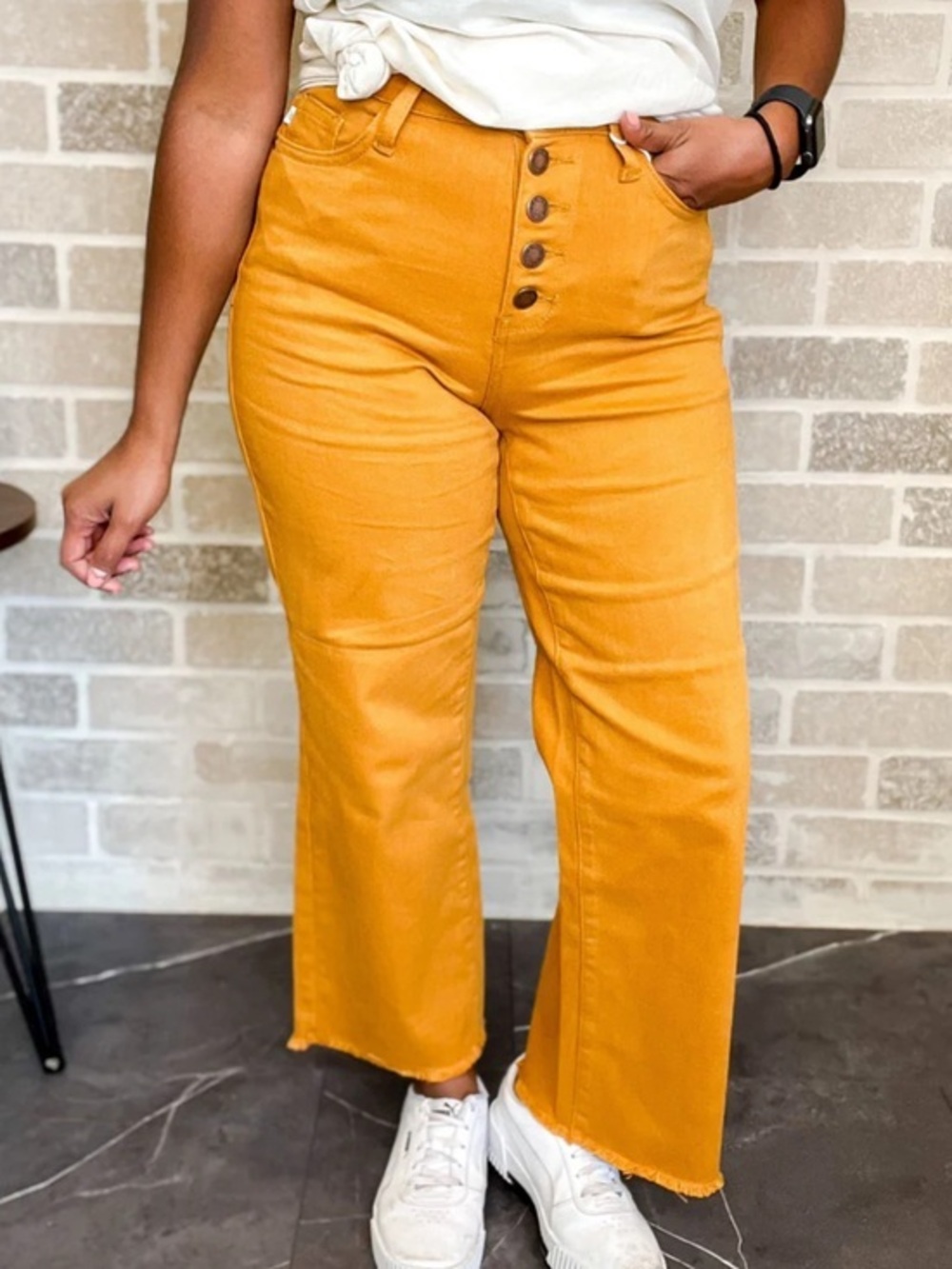 You're So Golden | Judy Blue Mustard Wide Leg Cropped Jeans Size 32